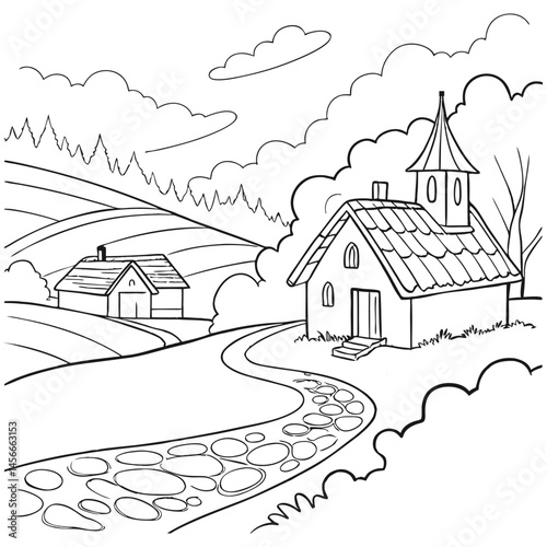 Landscape coloring page for kids and adults