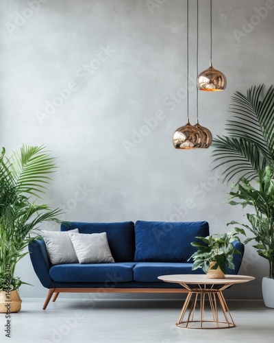 Interior design of living room with blue sofa and copper pendant lights against textured wall