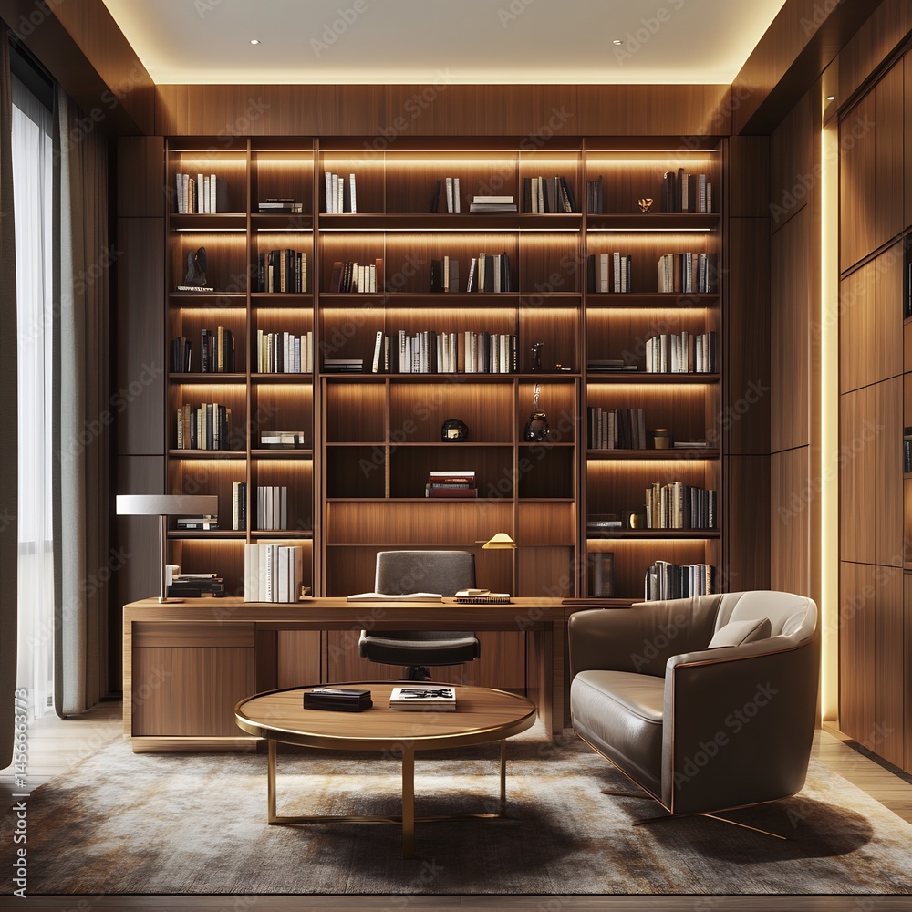 Fototapeta premium Modern Executive Suite with Rich Wooden Textures, Floor-to-Ceiling Bookshelves, and Ambient Lighting – Elegant Design for Luxury Offices, Business Interiors, and High-End Workspaces