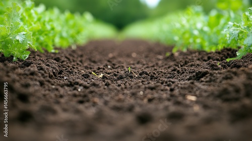 Fertile soil row with green crops, organic texture detail
