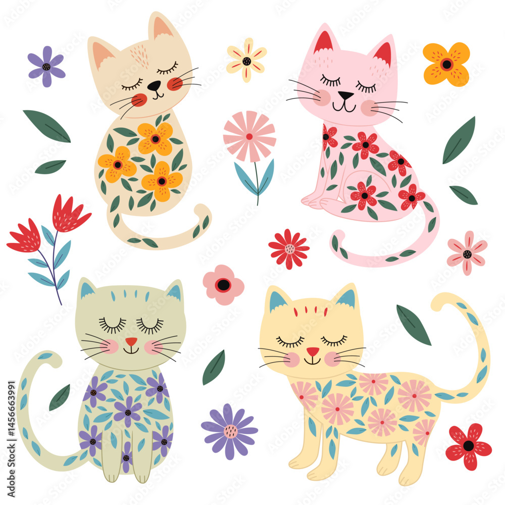 set of isolated cute cat with flowers set of isolated cute cat with flowers