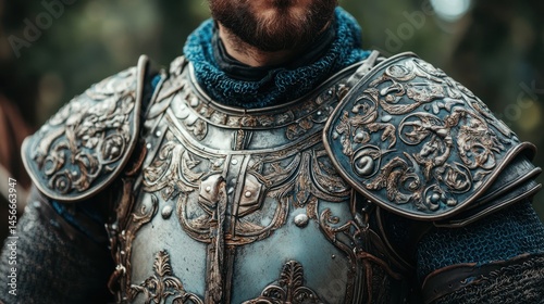Ornate medieval armor.  Close-up of detailed shoulder and chest protection.  Intricate patterns and embellishments