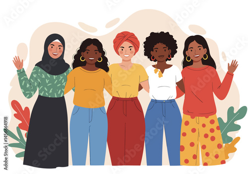 Adobe Illustrator Artwork Vibrant flat vector illustration celebrating Woman Power! Diverse women stand united, showcasing multicultural strength and empowerment
