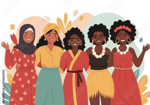 Adobe Illustrator Artwork Vibrant flat vector illustration celebrating Woman Power! Diverse women stand united, showcasing multicultural strength and empowerment