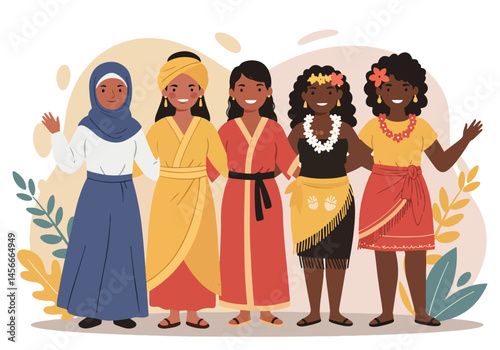 Adobe Illustrator Artwork Vibrant flat vector illustration celebrating Woman Power! Diverse women stand united, showcasing multicultural strength and empowerment