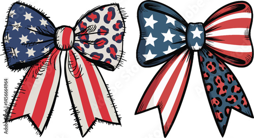 Hand-Drawn Patriotic Bows with Stars and Leopard Print. Sketch Style USA Ribbon Bows with Flag and Animal Patterns