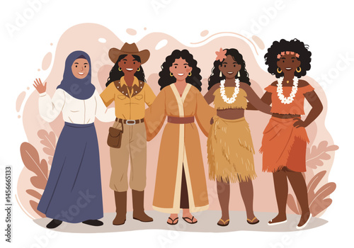 Adobe Illustrator Artwork Vibrant flat vector illustration celebrating Woman Power! Diverse women stand united, showcasing multicultural strength and empowerment