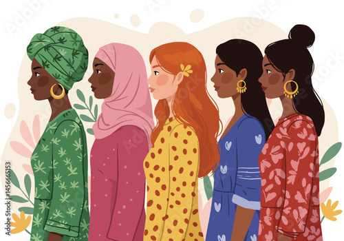 Adobe Illustrator Artwork Vibrant flat vector illustration celebrating Woman Power! Diverse women stand united, showcasing multicultural strength and empowerment