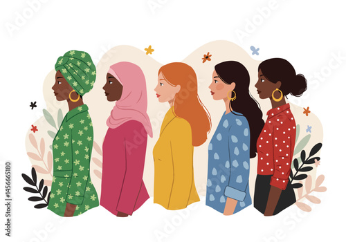 Adobe Illustrator Artwork Vibrant flat vector illustration celebrating Woman Power! Diverse women stand united, showcasing multicultural strength and empowerment