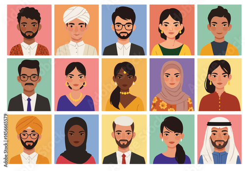 Vibrant flat vector illustration showcasing a diverse group of people from around the world. Colorful portraits representing global unity and cultural richness