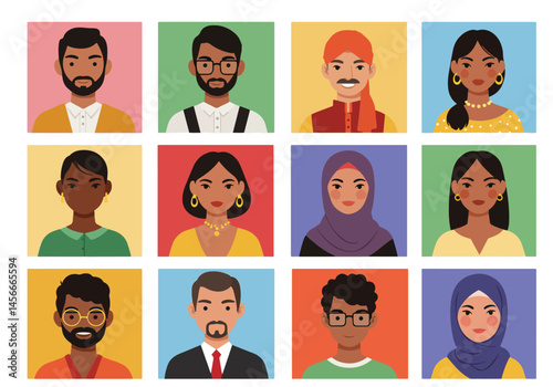 Vibrant flat vector illustration showcasing a diverse group of people from around the world. Colorful portraits representing global unity and cultural richness