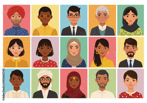 Vibrant flat vector illustration showcasing a diverse group of people from around the world. Colorful portraits representing global unity and cultural richness