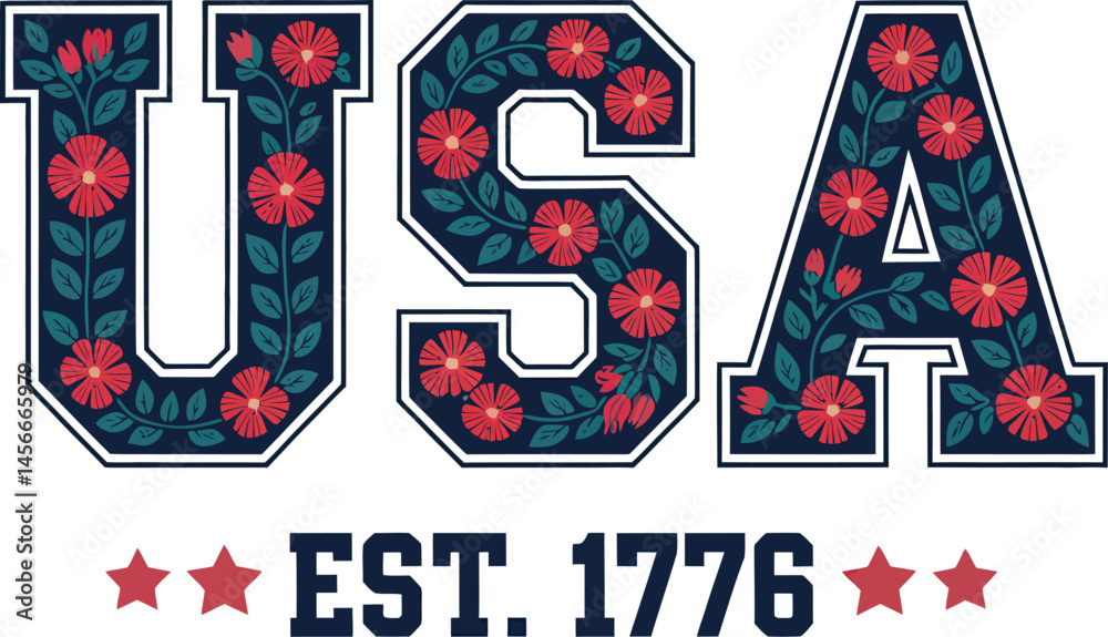 Fototapeta premium Floral USA Est. 1776 Typography Design. USA Letters with Red Flowers – Patriotic Floral Vector