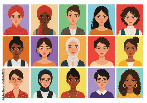 Vibrant flat vector illustration showcasing a diverse group of people from around the world. Colorful portraits representing global unity and cultural richness