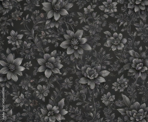 Wallpaper Mural Charcoal grey small floral wallpaper; intricate botanical details repeat seamlessly , interior, leaves Torontodigital.ca