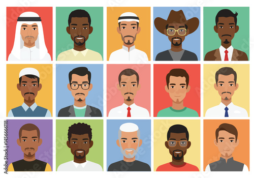 Vibrant flat vector illustration showcasing a diverse group of people from around the world. Colorful portraits representing global unity and cultural richness