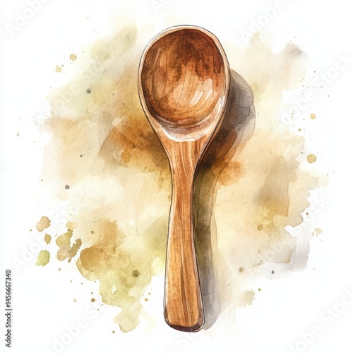 Artistic watercolor painting of wooden spoon kitchen utensil cooking tool from above with soft light and shadow neutral background