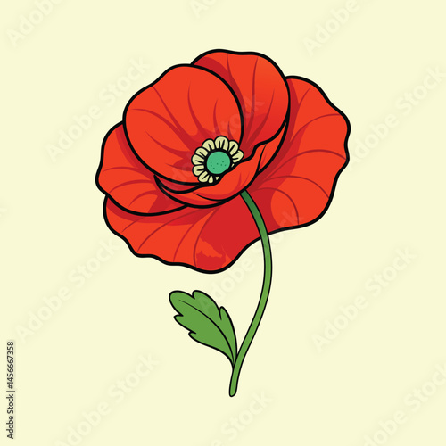 A Vivid Red Poppy Flower with Green Stem and Leaf Illustration