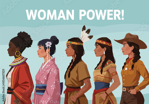 Adobe Illustrator Artwork Vibrant flat vector illustration celebrating Woman Power! Diverse women stand united, showcasing multicultural strength and empowerment