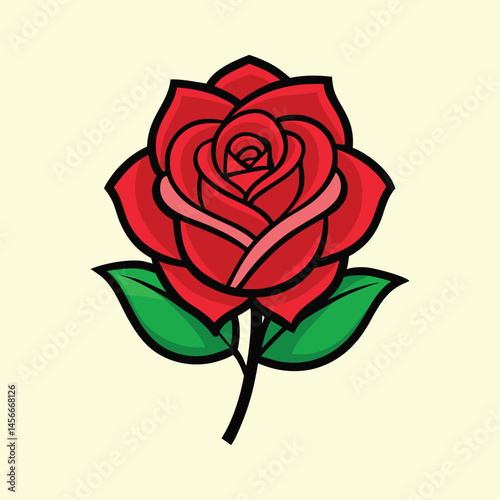 A vibrant red rose with green leaves a beautiful floral illustration