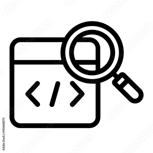 Code window with magnifying glass representing code review or debugging.