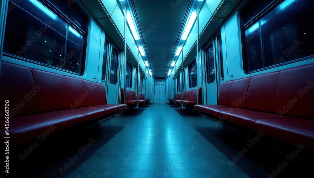 Obraz premium Dark Empty Subway Train Interior with Blue Neon Lighting