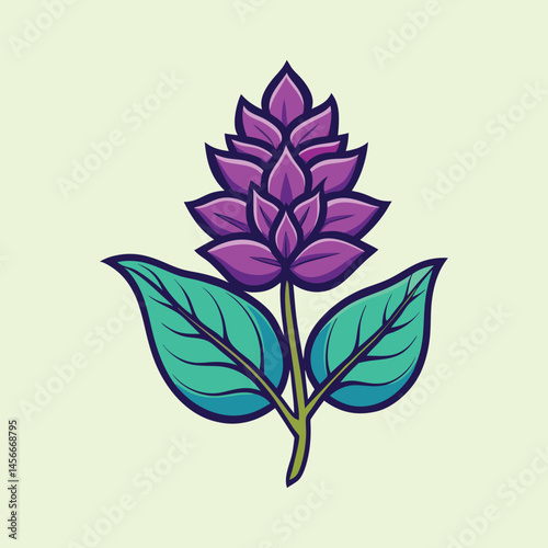 vibrant purple flower with teal leaves botanical illustration graphic design element