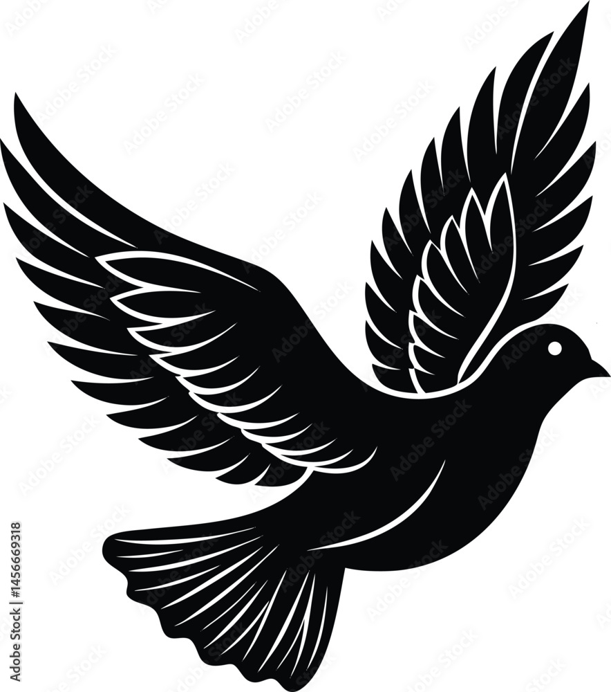 Obraz premium Flying Dove Silhouette – Peaceful Black Bird Vector Icon