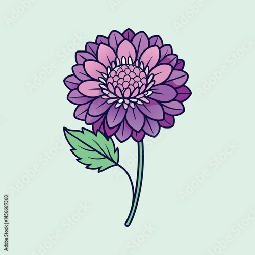 Beautiful Purple Dahlia Flower with Green Leaf Illustration Botanical Art Graphic Design