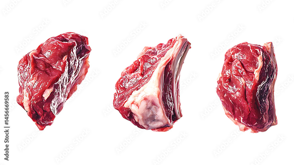 Obraz premium Set of Three Pieces of Raw Pork Shoulder Meat Against Transparent Background