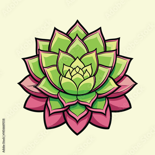 Stylized succulent plant illustration, green and pink echeveria cactus vector, botanical desert flora graphic for logo design and branding