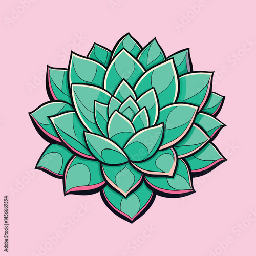 Stylized succulent plant illustration, green echeveria cactus vector art, botanical desert flora on pink background, flat design houseplant icon