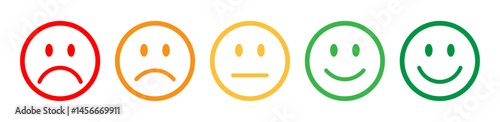 Colorful feedback scale with five emoticons from sad to happy. Perfect for surveys, reviews, customer satisfaction, UX evaluation. Flat vector design on white background. Feedback, emoji, icons.