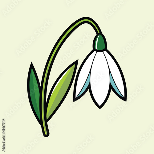 A Single Delicate Snowdrop Flower Illustration Featuring Green Stem and Leaves