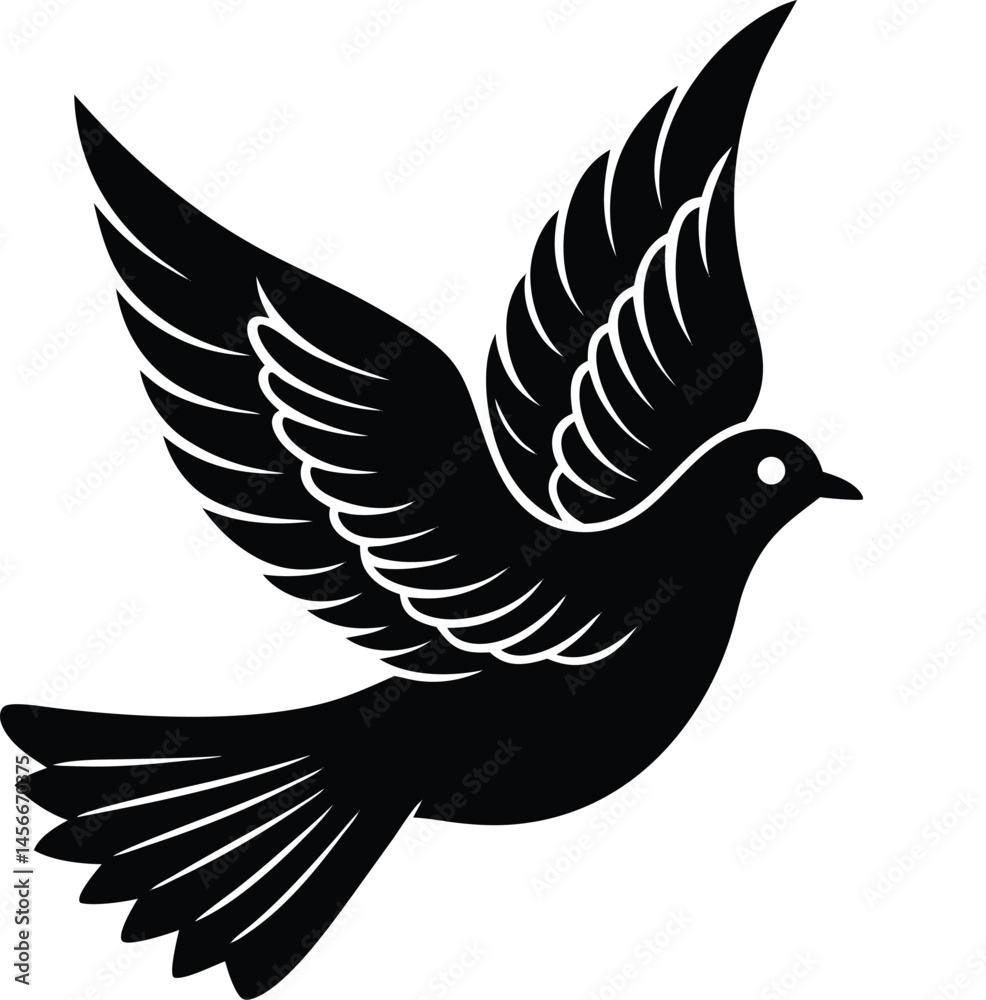 Obraz premium Flying Dove Silhouette – Peaceful Black Bird Vector Icon