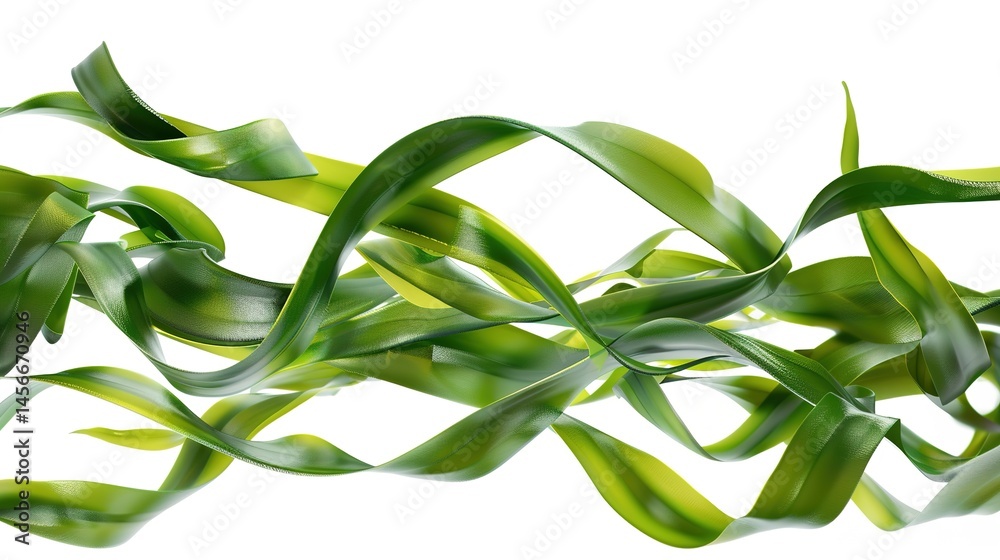 Obraz premium A set of green seaweed strips are isolated on a pure white background, created by Generative Ai. The long, slender strips of seaweed with their distinct green color are clearly presented, 