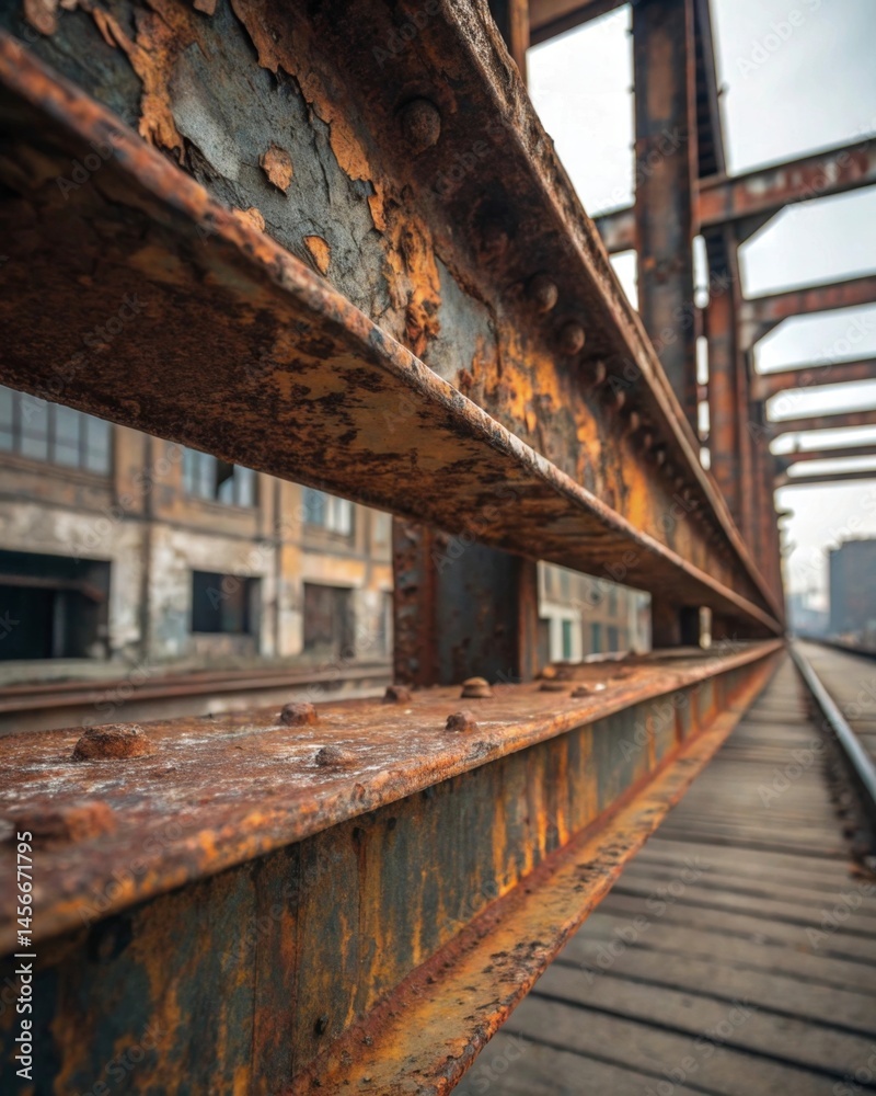 Closeup of rusted steel beams with peeling paint and industrial grime urban setting high detail macro shot industrial environment low angle viewpoint texture exploration Closeup of rusted steel beams with peeling paint and industrial grime urban setting high detail macro shot industrial environment low angle viewpoint texture exploration