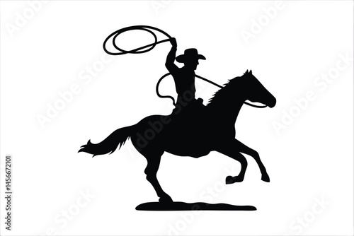  A running horse with cowboy and lasso silhouette, cowboy with horse black vector illustration 