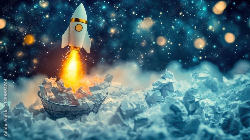 Naklejka premium Rocket Launching from Paper Basket into Starry Sky Dreamlike Conceptual Illustration