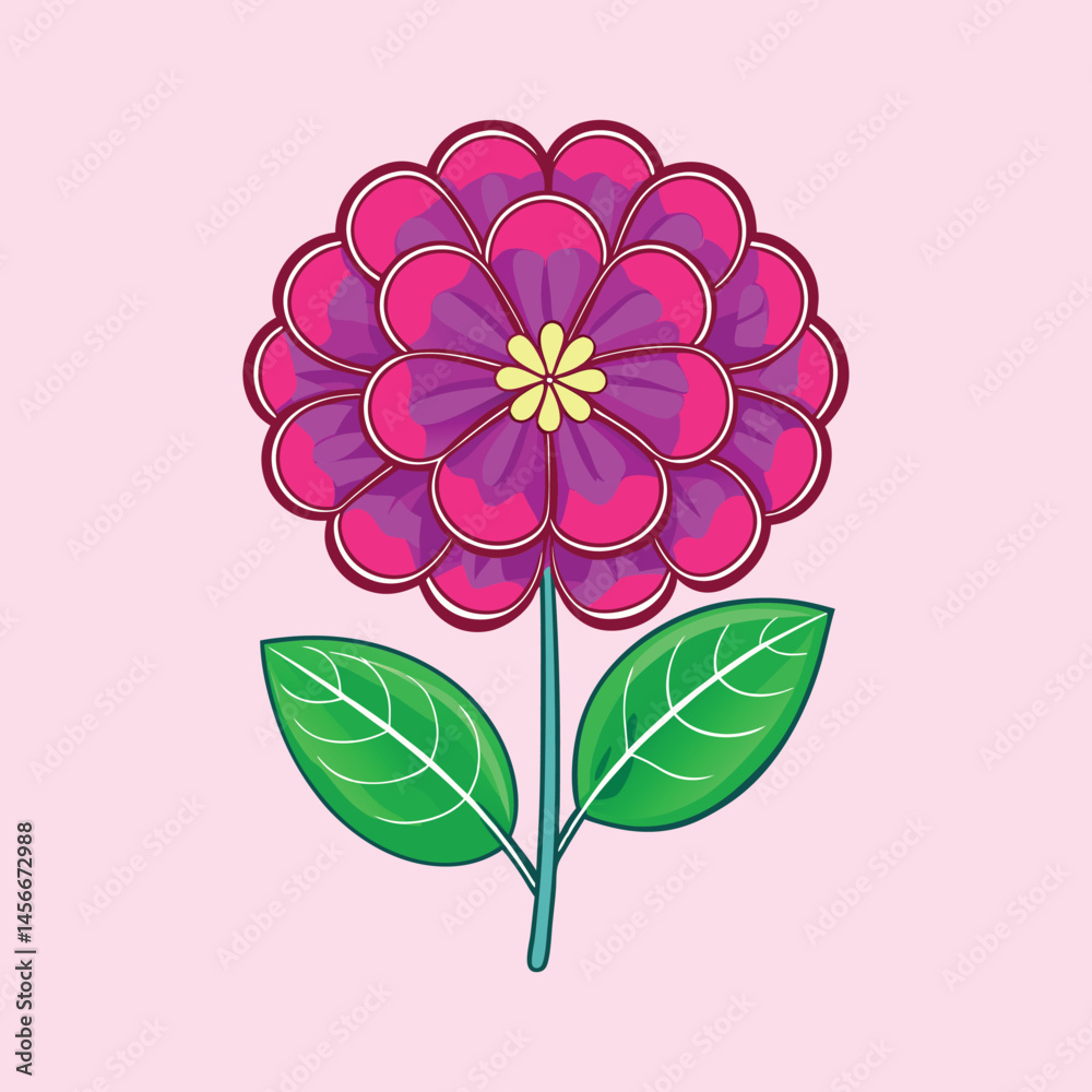 Fototapeta premium Stylized pink flower illustration, vibrant floral bloom with green leaves, decorative botanical vector element for spring greeting cards