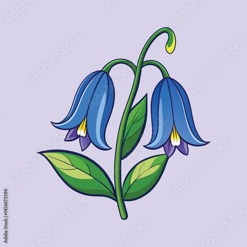 Bluebell flower vector illustration, blooming blue bellflower plant with green leaves, botanical garden floral element for spring design