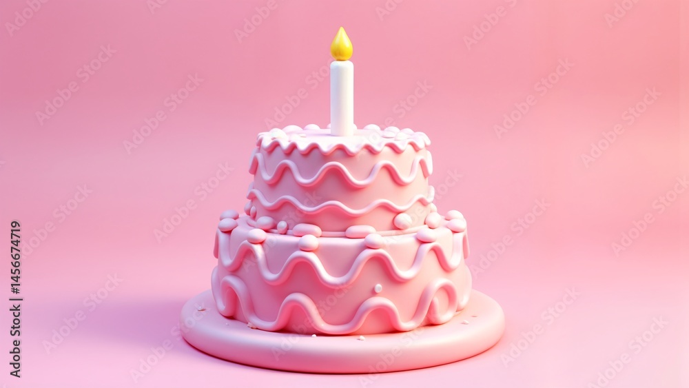 A pink cake with a lit candle on top of it. A pink cake with a lit candle on top of it.