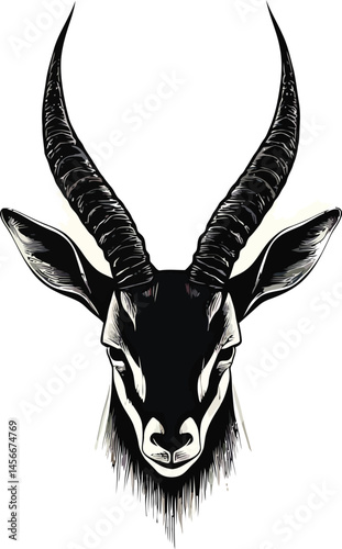 Black and White Antelope Head Illustration with Long Curved Horns, Black Antelope Head Vector Illustration with Long Horns

