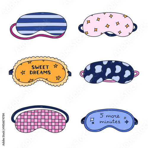Lovely colourful doodle sleeping mask set with checkered, cow pattern, sunflower, Sweet Dreams lettering, star, Funny hand drawn girly eye mask for comfort rest. Patterned bedtime accessory isolated.