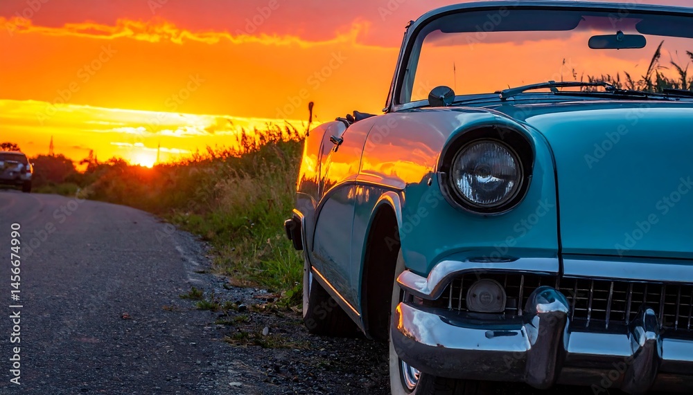 Fototapeta premium A vintage turquoise convertible parked on a road with a vibrant sunset. Evokes nostalgia, freedom, and classic style. Perfect for travel, automotive, or retro themes.