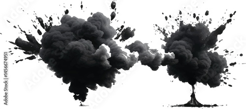 
Artistic and Minimalist High-Contrast Illustration of a Black Smoke and Dust Cloud 
Unfolding in Motion, Set Against a Bright White Background
