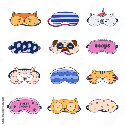 Big colored line doodle sleeping mask set with animal head, geometric pattern, lettering. Lovely hand drawn patterned eye mask for kids, women. Bedtime accessory for good night, comfort rest.