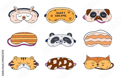 Cute cartoon doodle set with kids and girlish sleeping mask with llama, panda, tiger head, cow pattern, lettering. Hand drawn patterned eye mask. Night accessory for dreaming isolated on white.