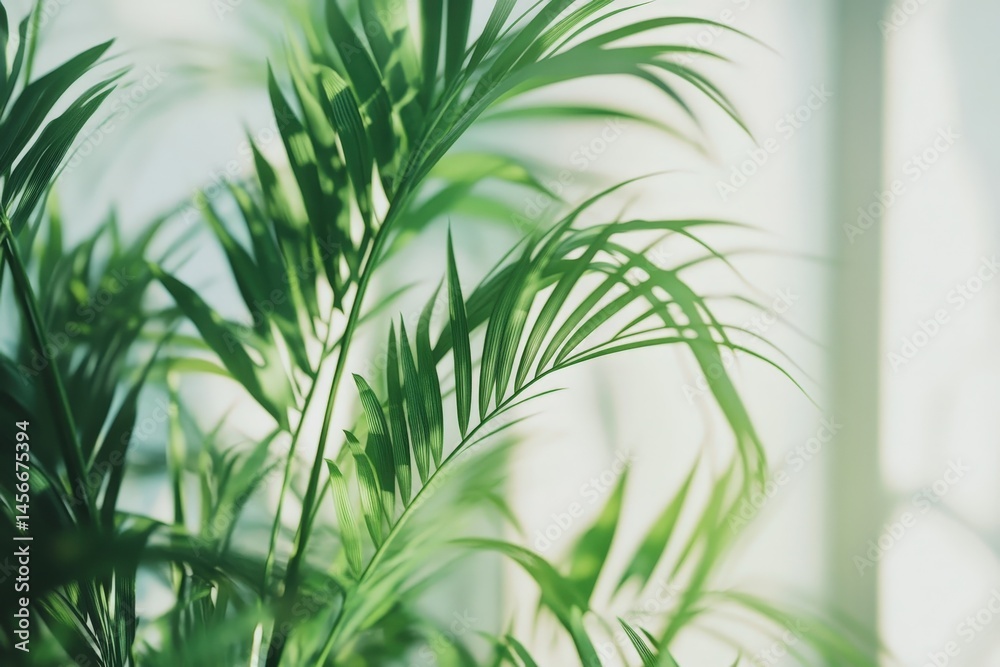 Fototapeta premium Close-up view of lush green palm leaves indoors.