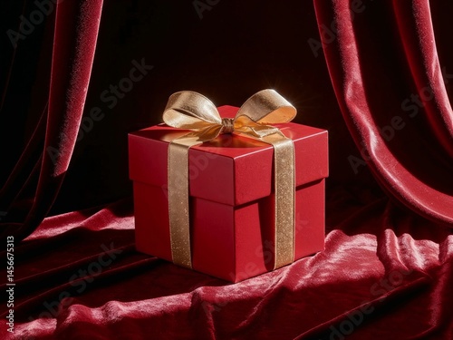 Red gift box with gold satin bow against burgundy velvet drapery backdrop, luxurious holiday presentation